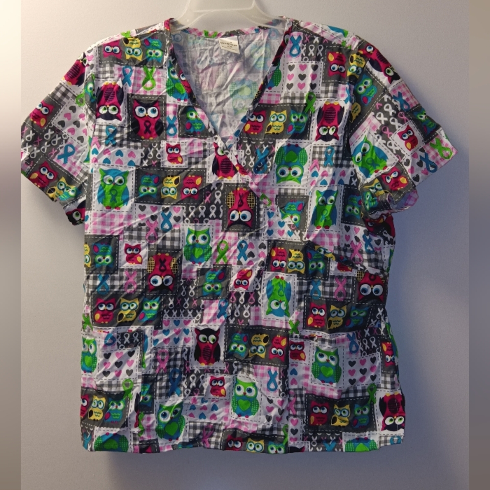 Vibrant Pink and Green Short Sleeve Graphic Owl Scrub Shirt